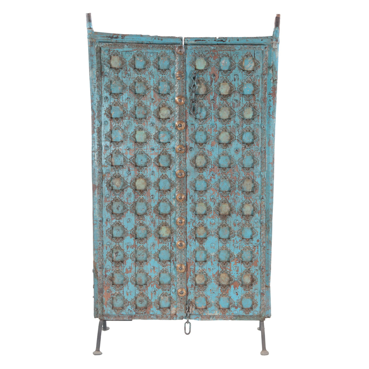 Finely Carved Wood Shekhawati Door with Block Design on Iron Stand
