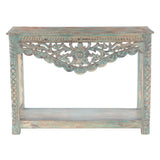 Hand Carved Wood Console Table with Bottom Shelf