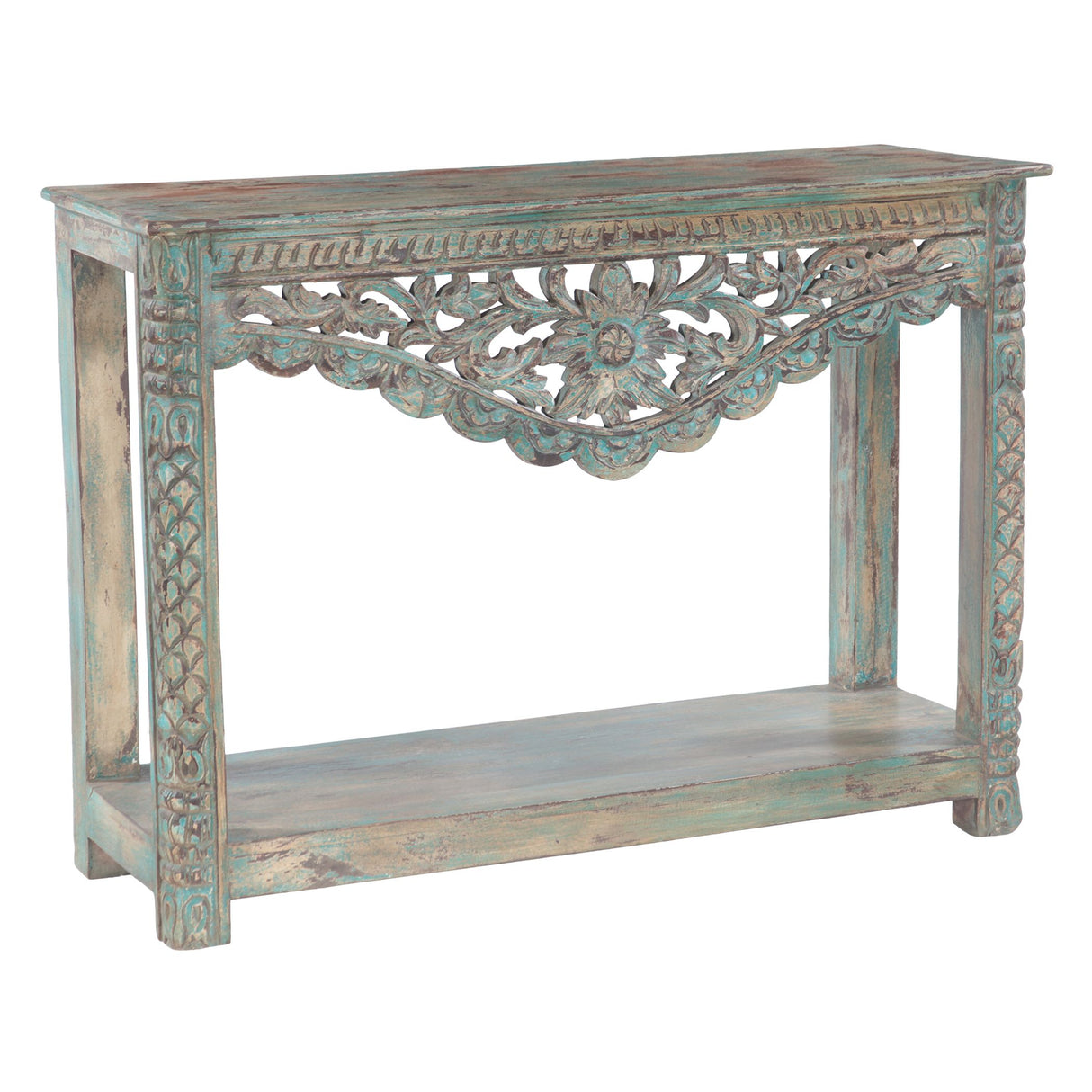Hand Carved Wood Console Table with Bottom Shelf