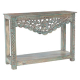 Hand Carved Wood Console Table with Bottom Shelf