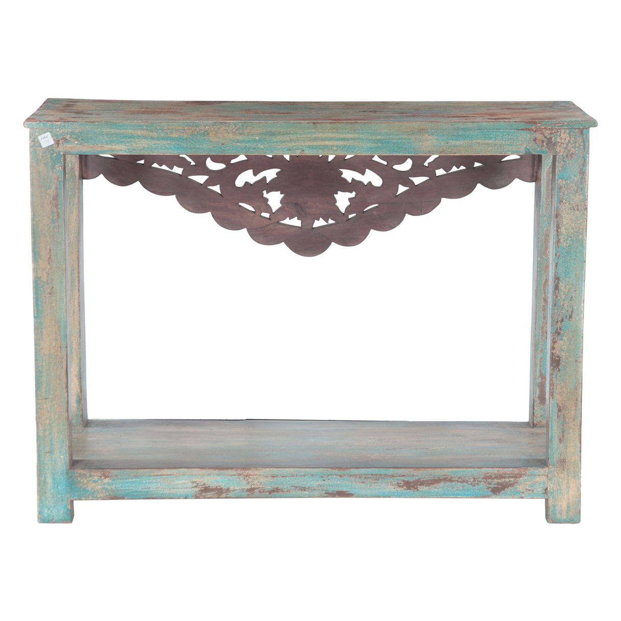 Hand Carved Wood Console Table with Bottom Shelf