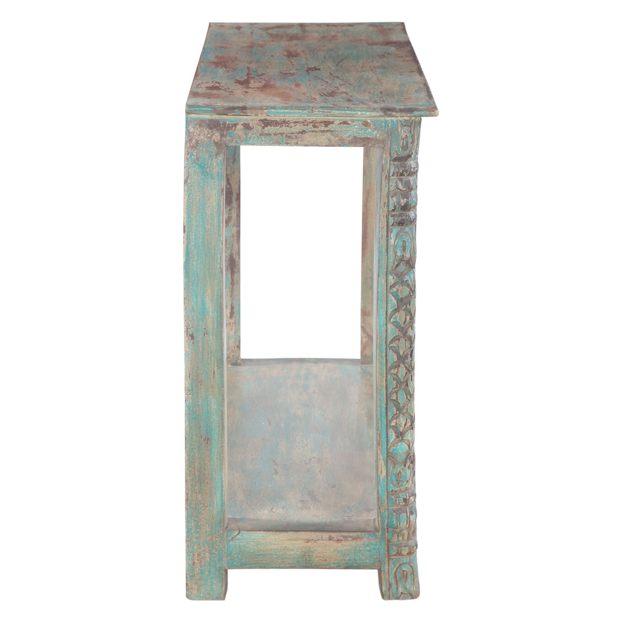 Hand Carved Wood Console Table with Bottom Shelf
