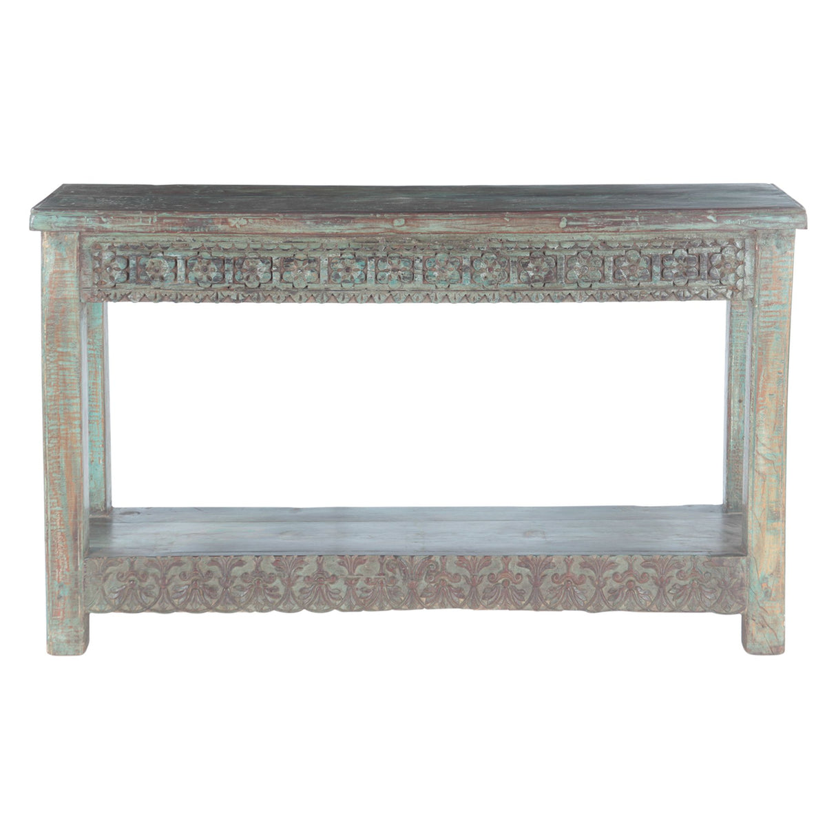 Hand Carved Wood Console Table with Bottom Shelf