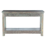 Hand Carved Wood Console Table with Bottom Shelf
