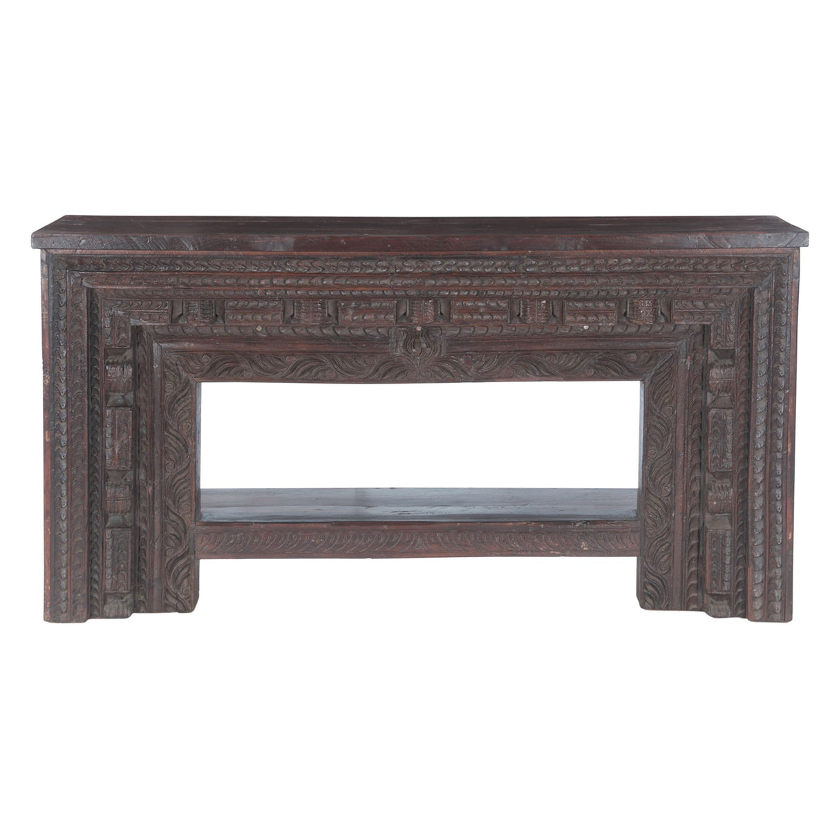 Large Finely Carved Wood Console Table with Bottom Shelf