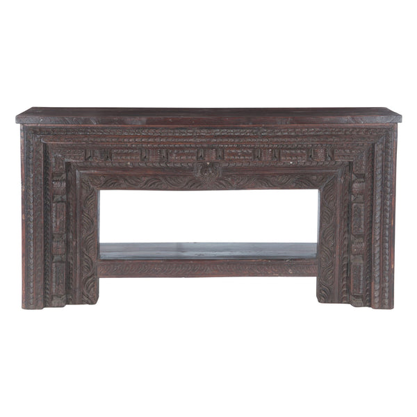 Large Finely Carved Wood Console Table with Bottom Shelf