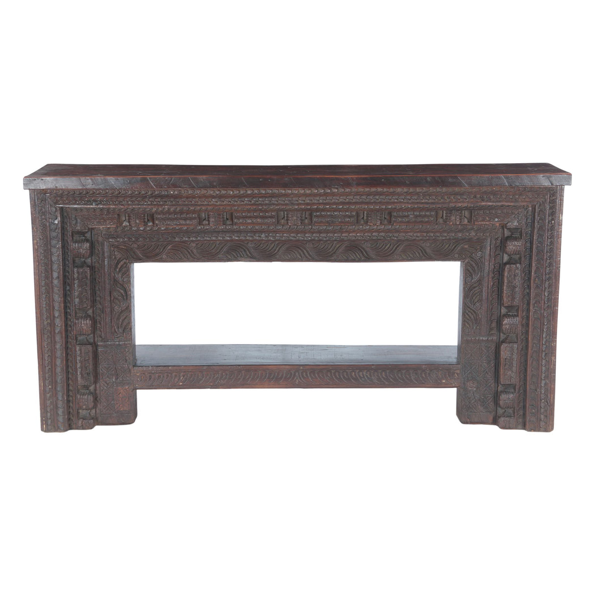Large Finely Carved Wood Console Table with Bottom Shelf