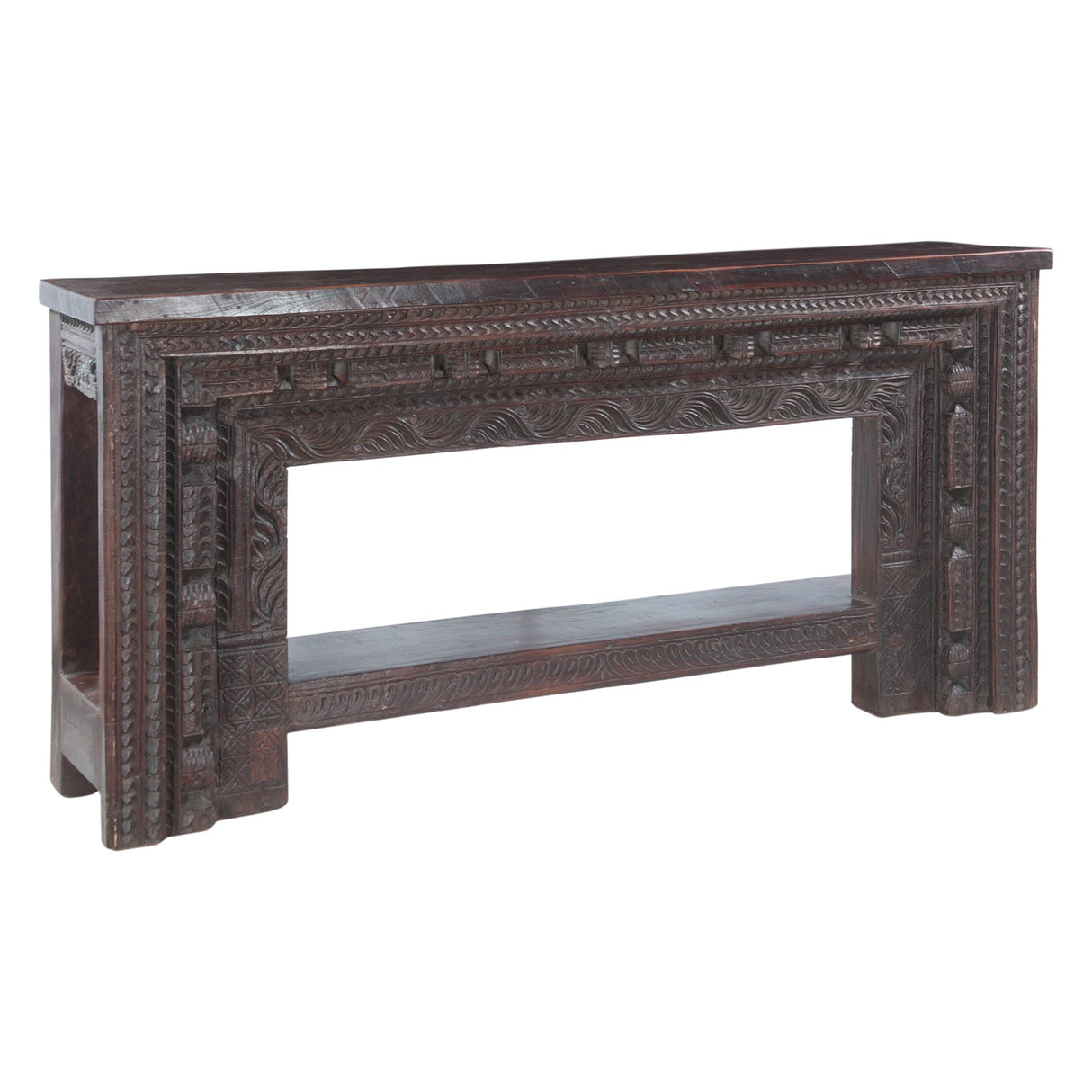 Large Finely Carved Wood Console Table with Bottom Shelf