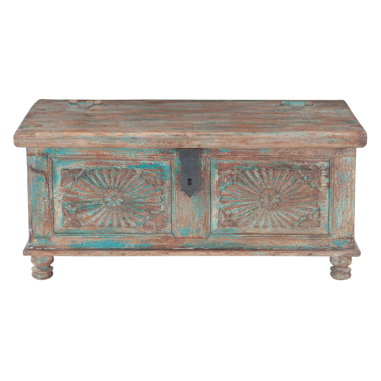 Hand Carved Wood Coffee Table with Built In Storage