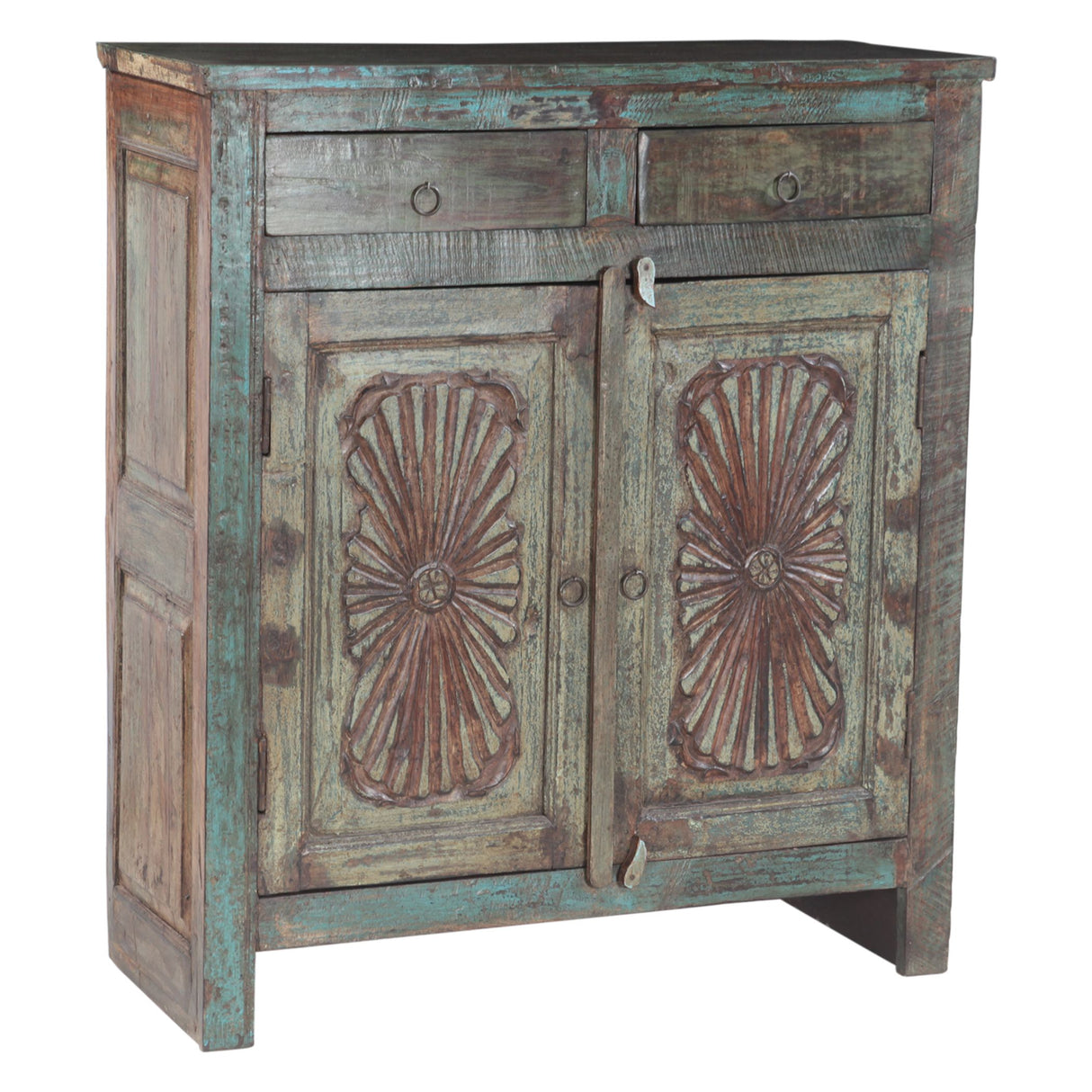 Hand Carved Wood Cabinet with Two Drawers and Two Doors