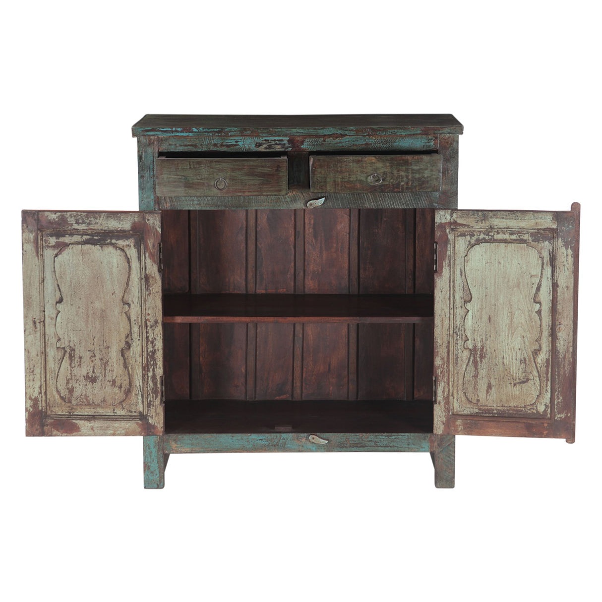 Hand Carved Wood Cabinet with Two Drawers and Two Doors