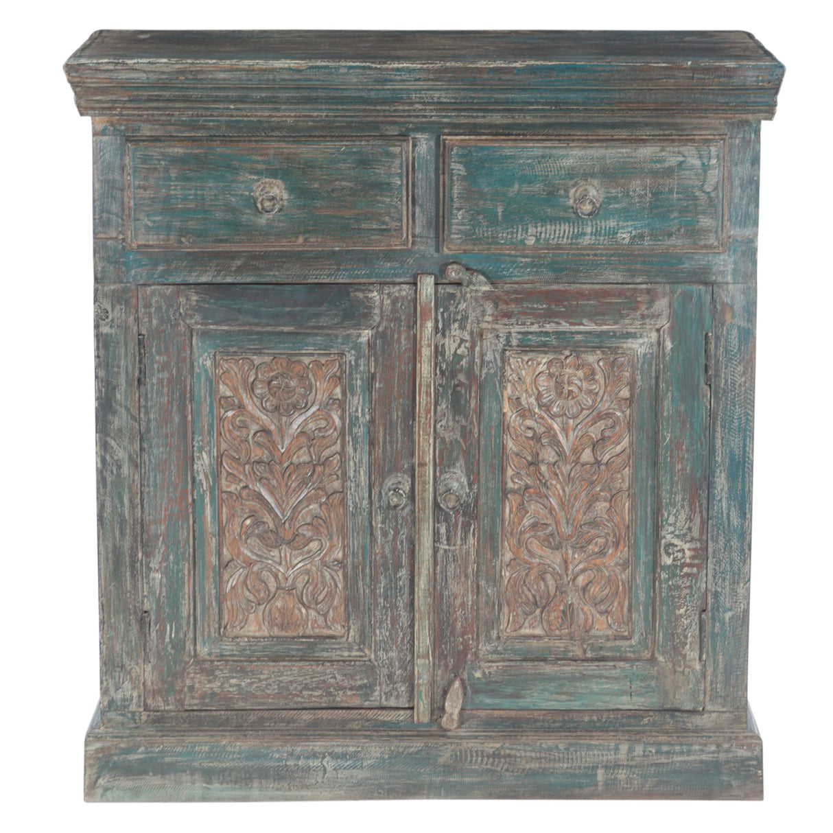 Hand Carved Wood Cabinet with Two Drawers and Two Doors