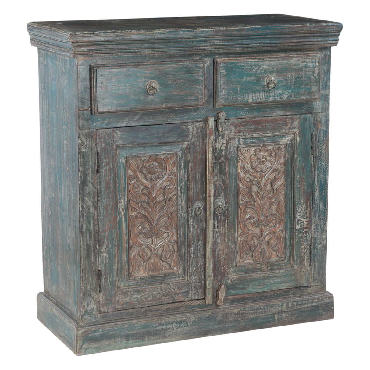 Hand Carved Wood Cabinet with Two Drawers and Two Doors