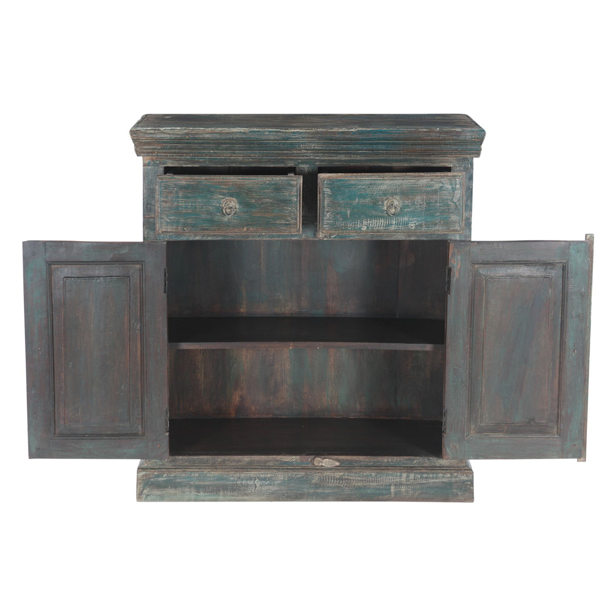 Hand Carved Wood Cabinet with Two Drawers and Two Doors