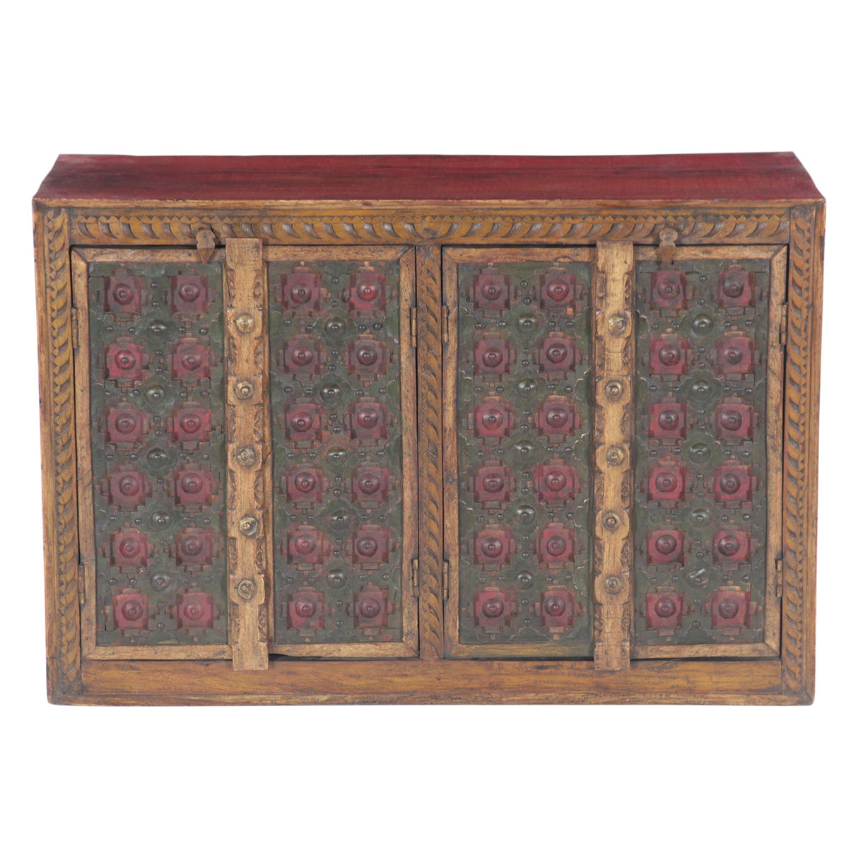 Small Hand Carved Wood Four Door Cabinet with Brass Fittings
