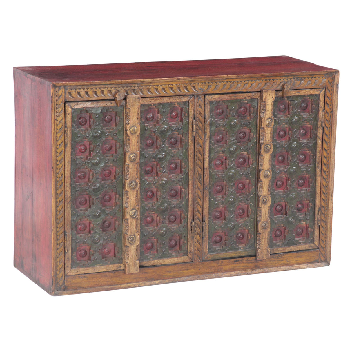 Small Hand Carved Wood Four Door Cabinet with Brass Fittings