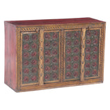 Small Hand Carved Wood Four Door Cabinet with Brass Fittings