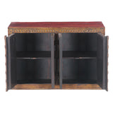 Small Hand Carved Wood Four Door Cabinet with Brass Fittings