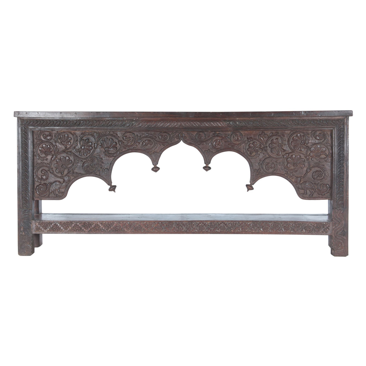Finely Carved Large Wood Arch Console Table with Bottom Shelf
