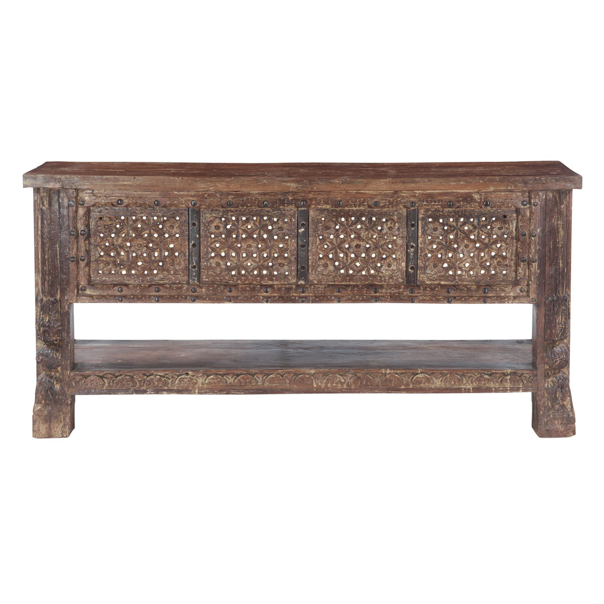Hand Carved Wood Door Console Table with Bottom Shelf