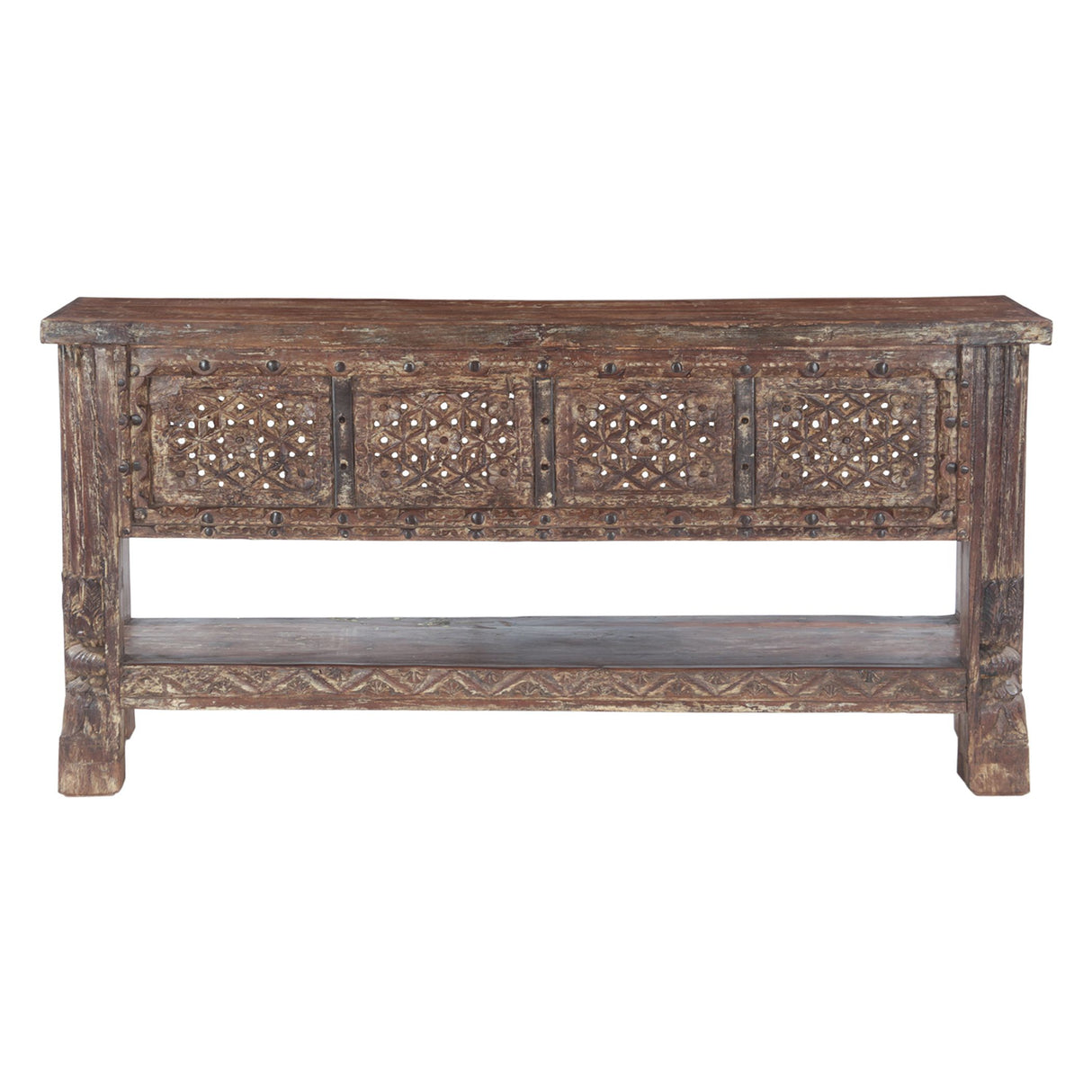 Hand Carved Wood Door Console Table with Bottom Shelf