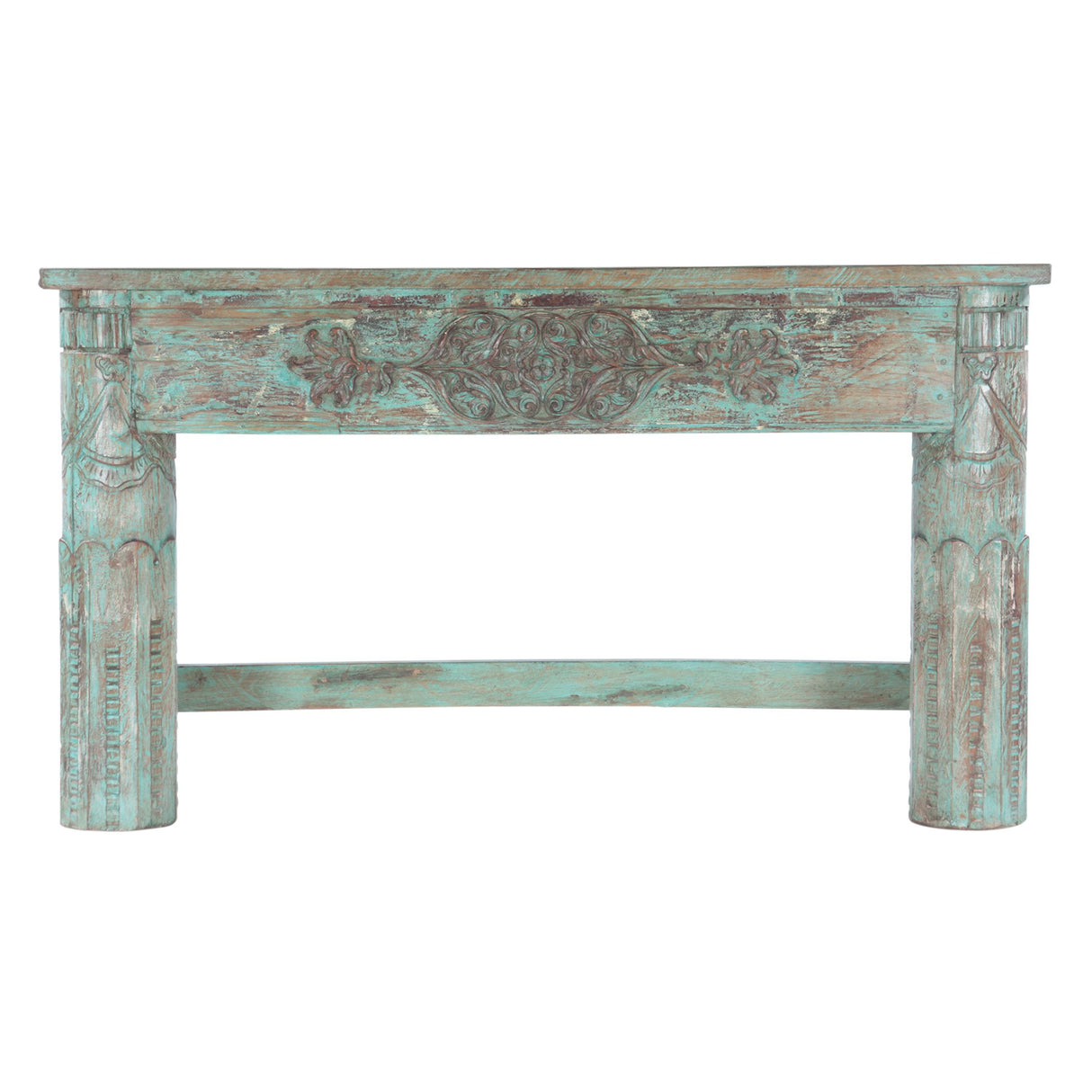 Hand Carved Wooden Console Table in Antique Teal