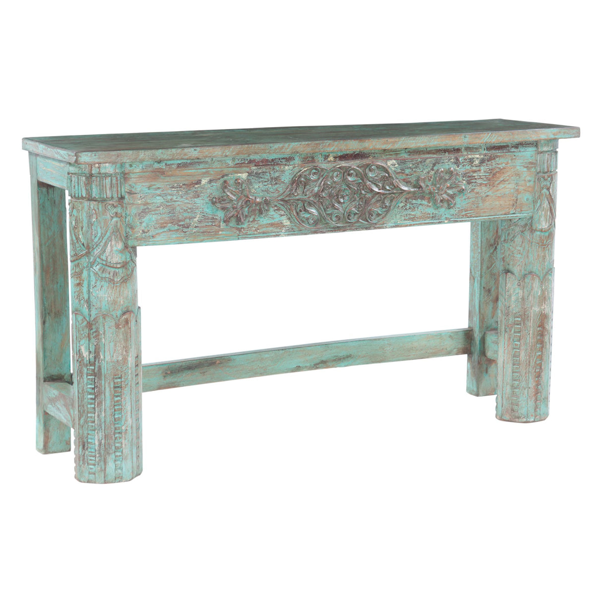 Hand Carved Wooden Console Table in Antique Teal
