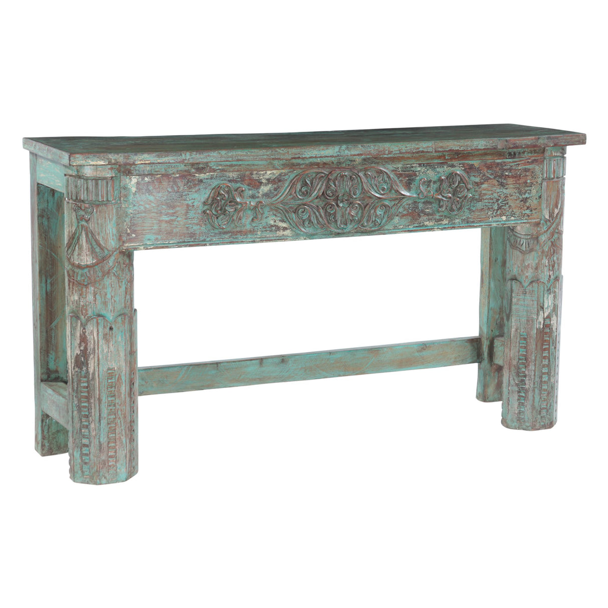 Hand Carved Wooden Console Table in Antique Teal