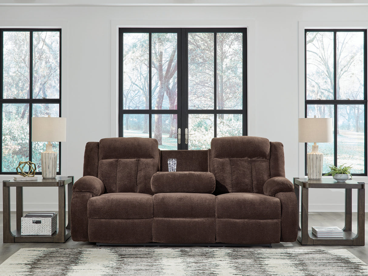 Observation Chocolate Power Reclining Sofa with Drop Down Table from Ashley Furniture - Luna Furniture