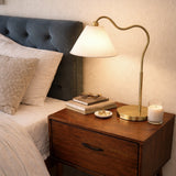 Ornate Brass Ring Base Curved Table Lamp with Triangle White Drum Shade from Ashcroft Furniture - Luna Furniture