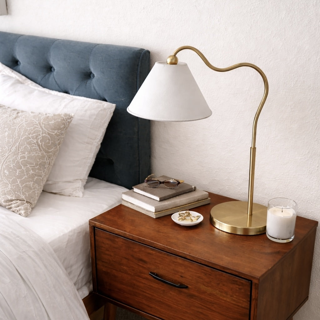 Ornate Brass Ring Base Curved Table Lamp with Triangle White Drum Shade from Ashcroft Furniture - Luna Furniture