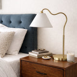 Ornate Brass Ring Base Curved Table Lamp with Triangle White Drum Shade from Ashcroft Furniture - Luna Furniture
