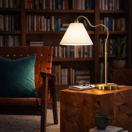 Ornate Brass Ring Base Curved Table Lamp with Triangle White Drum Shade from Ashcroft Furniture - Luna Furniture