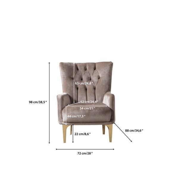 Florence Coffee accent chair, dimensions diagram with seat and overall measurements