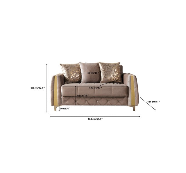Florence Coffee loveseat dimensions, front view with measurements marked