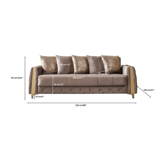 Florence Coffee Velvet Convertible Sofa, dimension chart with 88-inch width and sleeper measurements