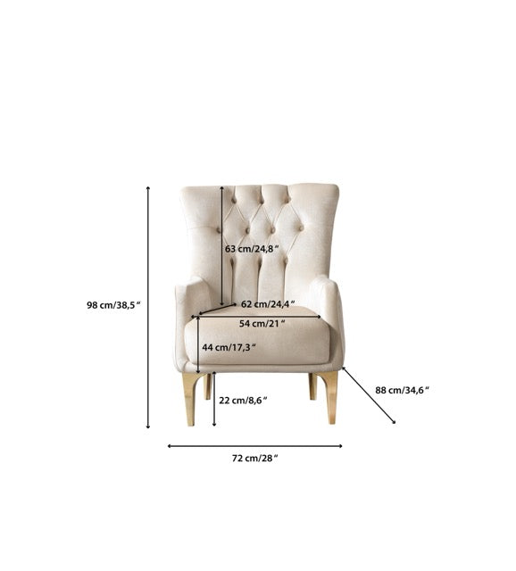 Florence Ivory accent chair, top view of tufted seat and wrapped back