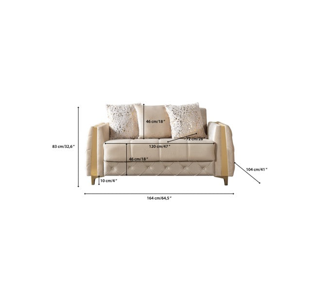 Florence Ivory loveseat, rear view, ivory velvet back and gold legs
