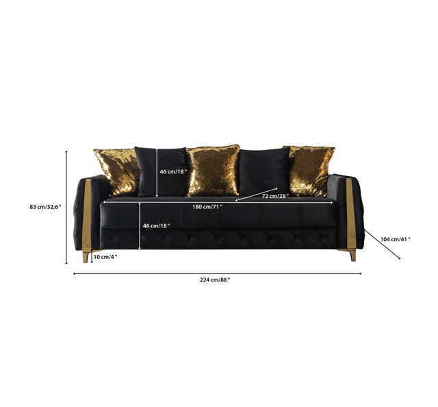 Florence Black sofa dimension chart, black velvet and gold pillows, 88-inch width