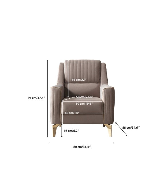 Sandra Coffee accent chair, rear view with gold legs and smooth upholstered back