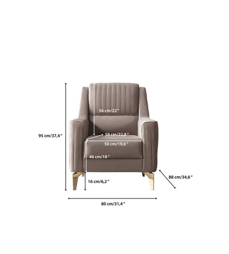 Sandra Coffee accent chair, rear view with gold legs and smooth upholstered back