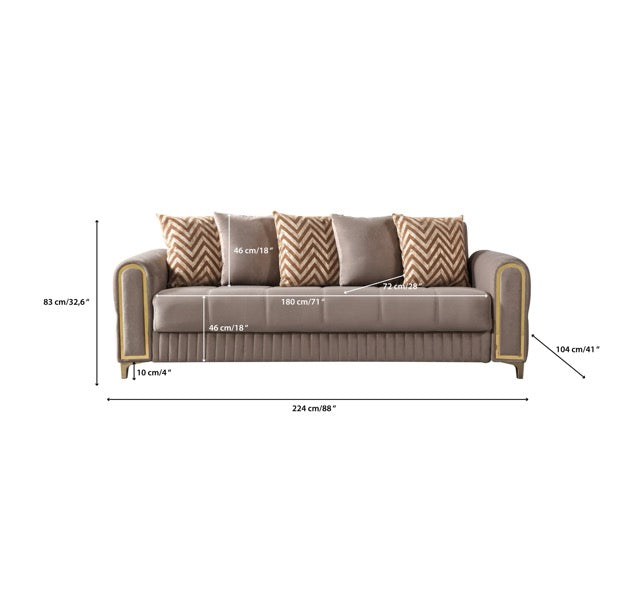 Sandra Coffee sofa, side profile, tufted base and gold trim on white background
