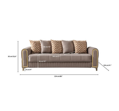 Sandra Coffee sofa, side profile, tufted base and gold trim on white background