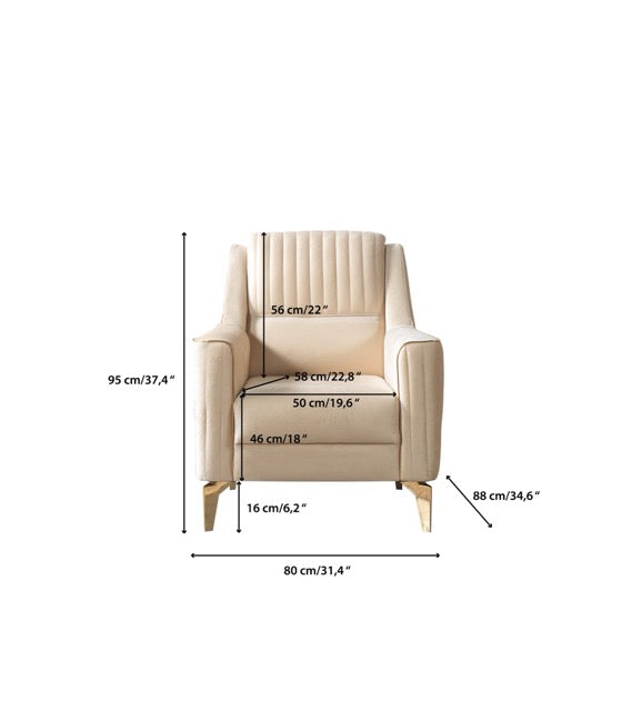 Sandra Ivory accent chair, dimensions shown, front view with measurements