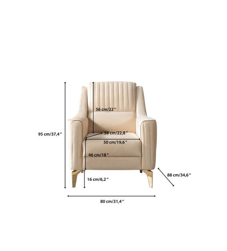 Sandra Ivory accent chair, dimensions shown, front view with measurements