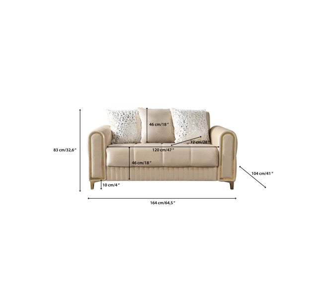 Sandra Ivory Loveseat dimensions chart, front view with measurements