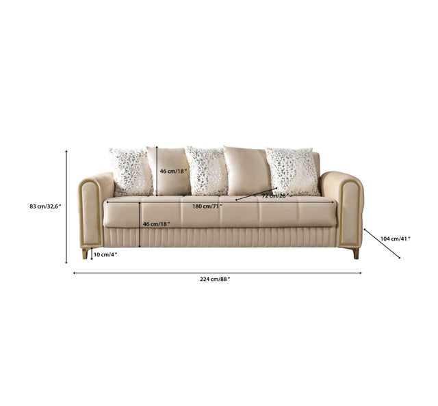 Sandra Ivory Velvet Convertible Sofa, dimension chart with 88-inch width and sleeper measurements