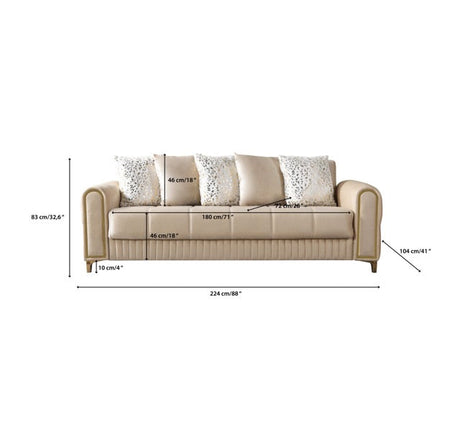 Sandra Ivory Velvet Convertible Sofa, dimension chart with 88-inch width and sleeper measurements
