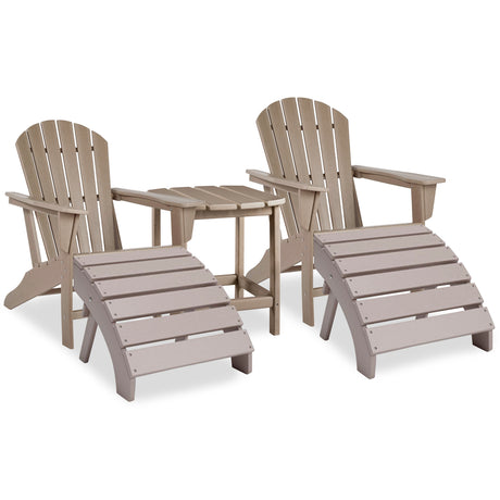 Sundown Treasure 2 Outdoor Adirondack Chairs and Ottomans with Side Table in Driftwood from Ashley - Luna Furniture
