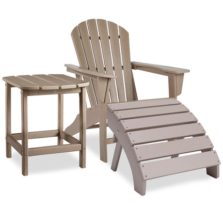Sundown Treasure Outdoor Adirondack Chair and Ottoman with Side Table in Driftwood from Ashley - Luna Furniture